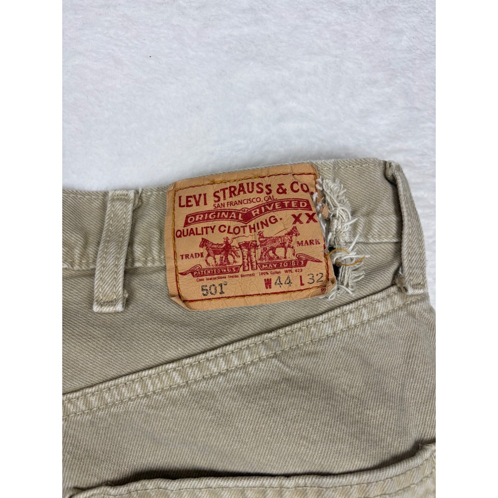 Levis‎ 501 Original Fit Jeans Mens 44x32 Tan Khaki Chino Pants Split Y2K Hem - Picture 8 of 12